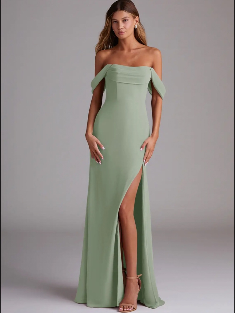 Off-Shoulder Dusty Sage Green Evening Gown with Thigh Slit